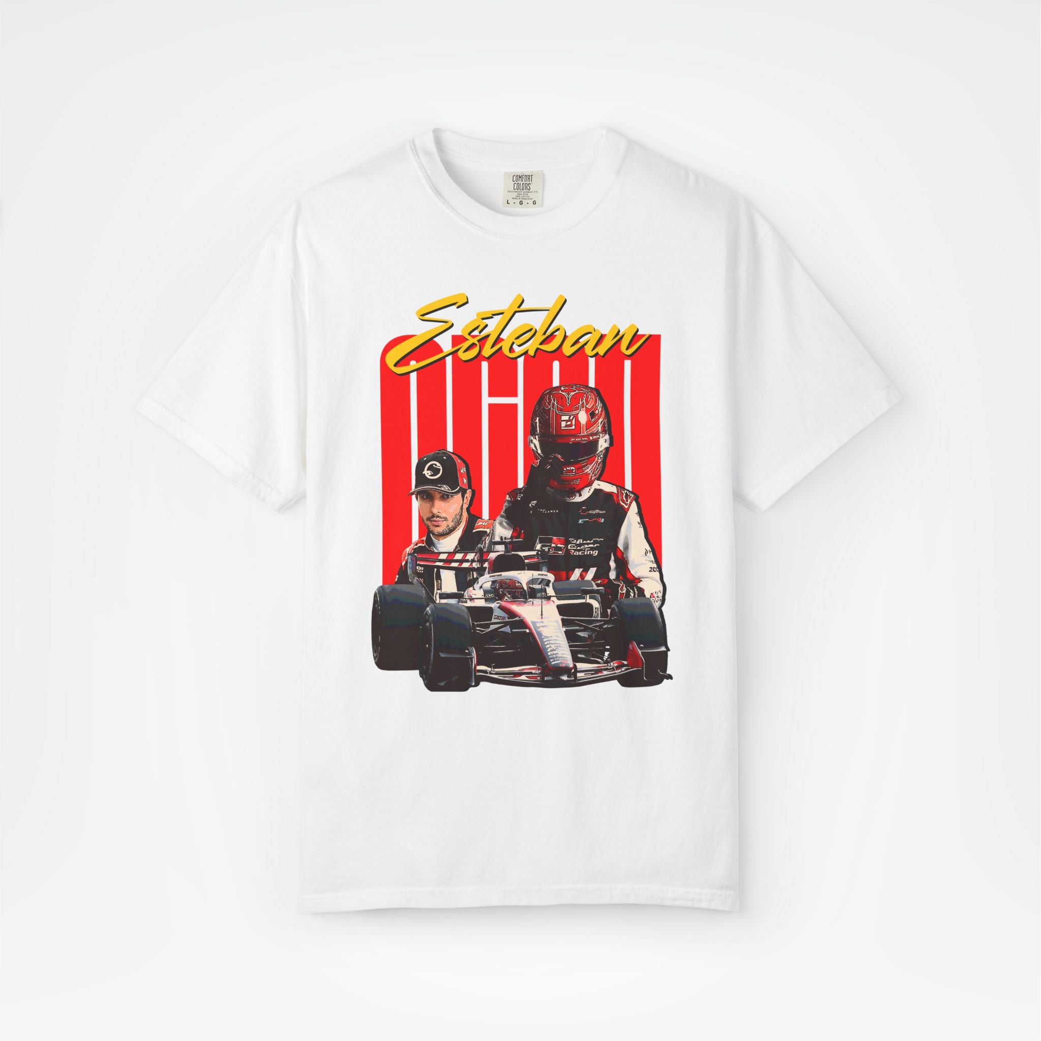 White Front - Esteban Ocon Haas F1 T shirt graphic studio mockup