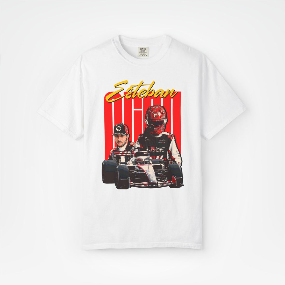 White Front - Esteban Ocon Haas F1 T shirt graphic studio mockup