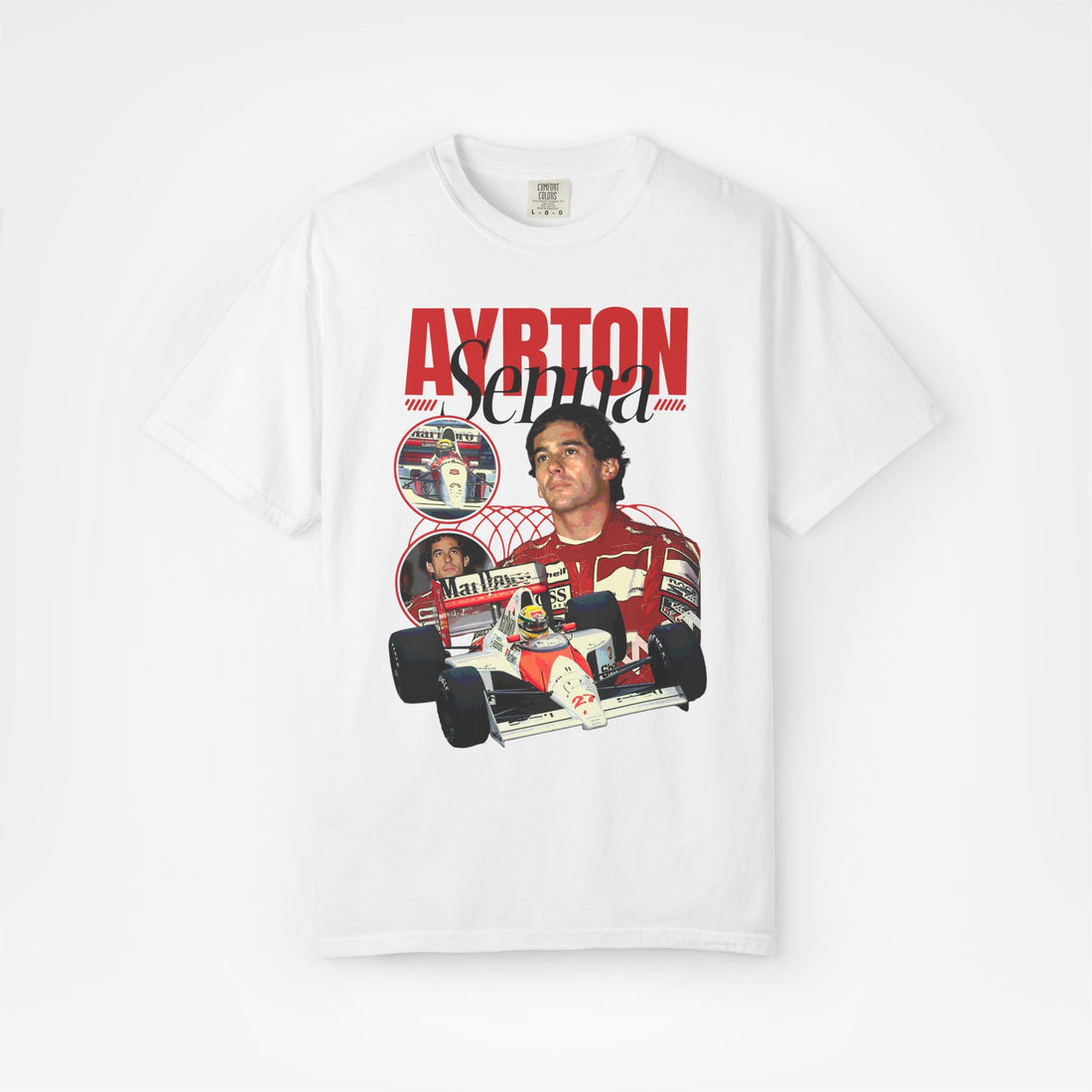 White Front - Ayrton Senna McLaren F1 T shirt graphic studio mockup