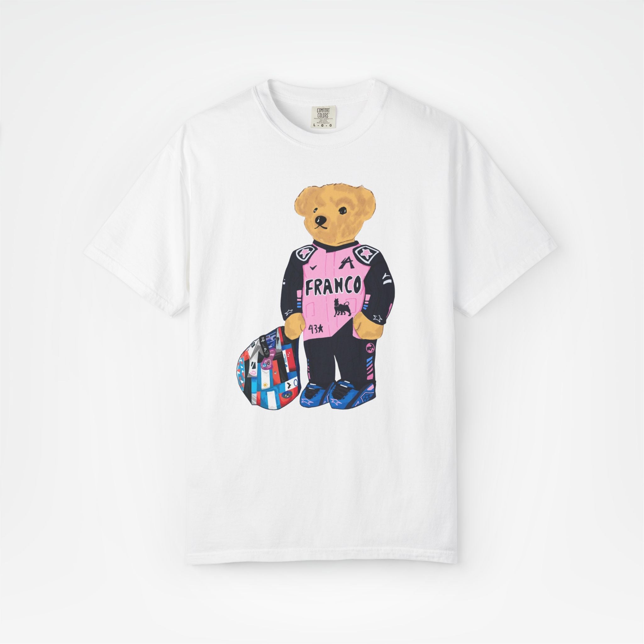 White Front - Franco Colapinto Alpine teddy bear F1 T shirt graphic studio mockup