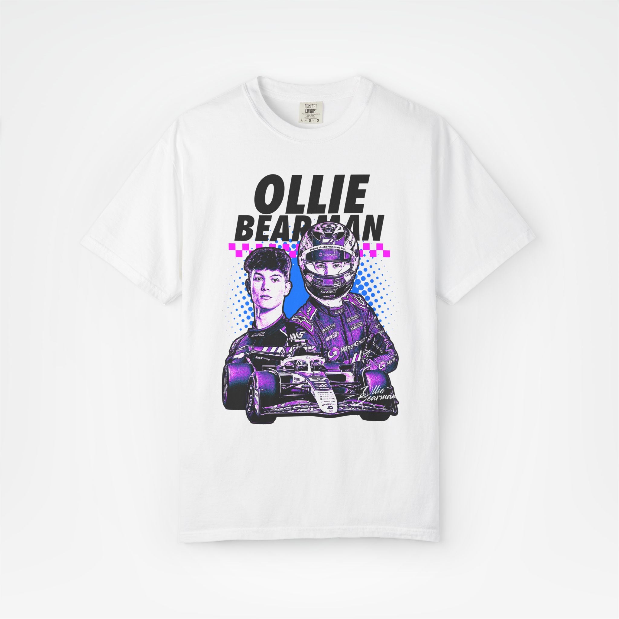 White Front - Ollie Bearman Haas F1 T shirt graphic studio mockup