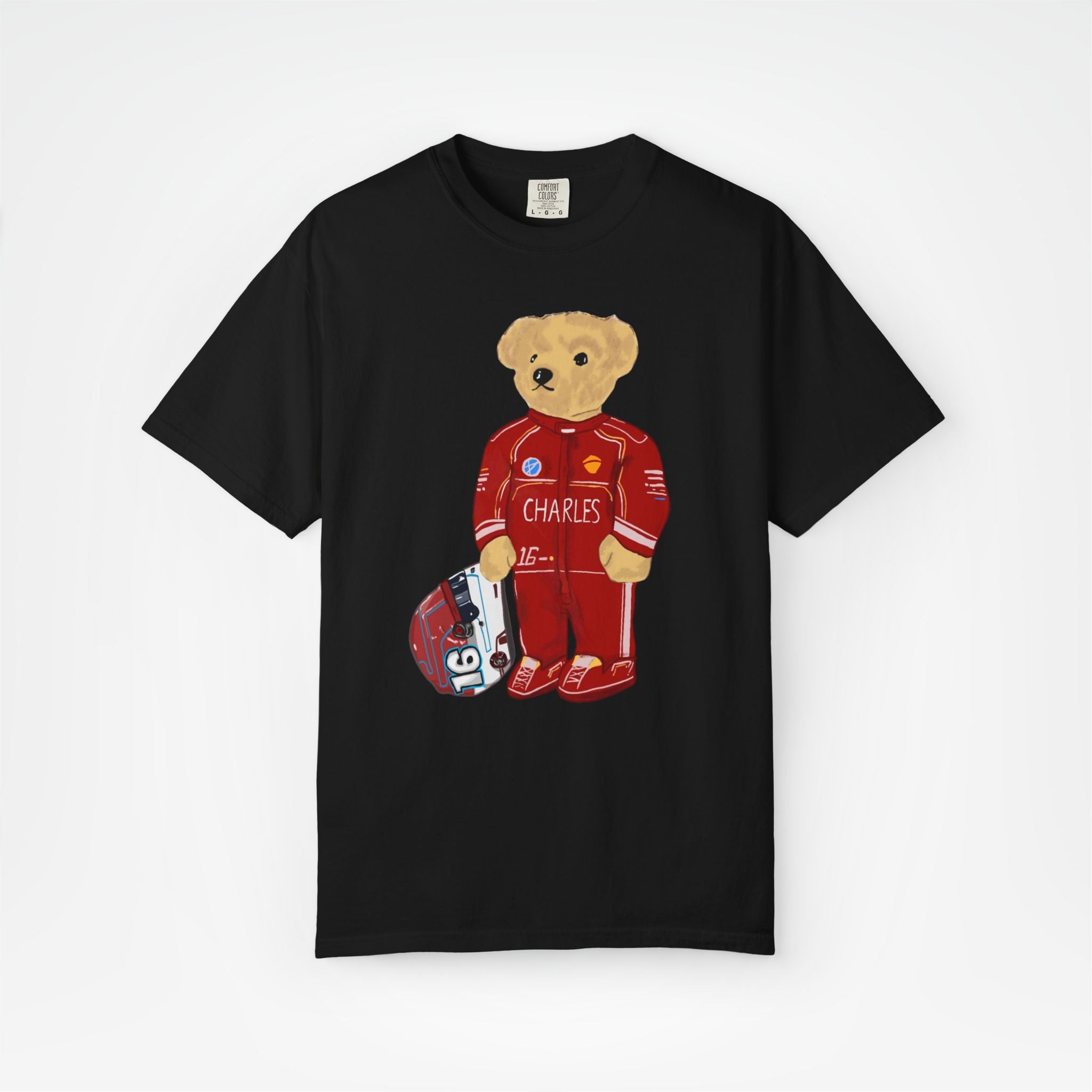 Black Front - Charles Leclerc teddy bear Ferrari F1 T shirt graphic studio mockup