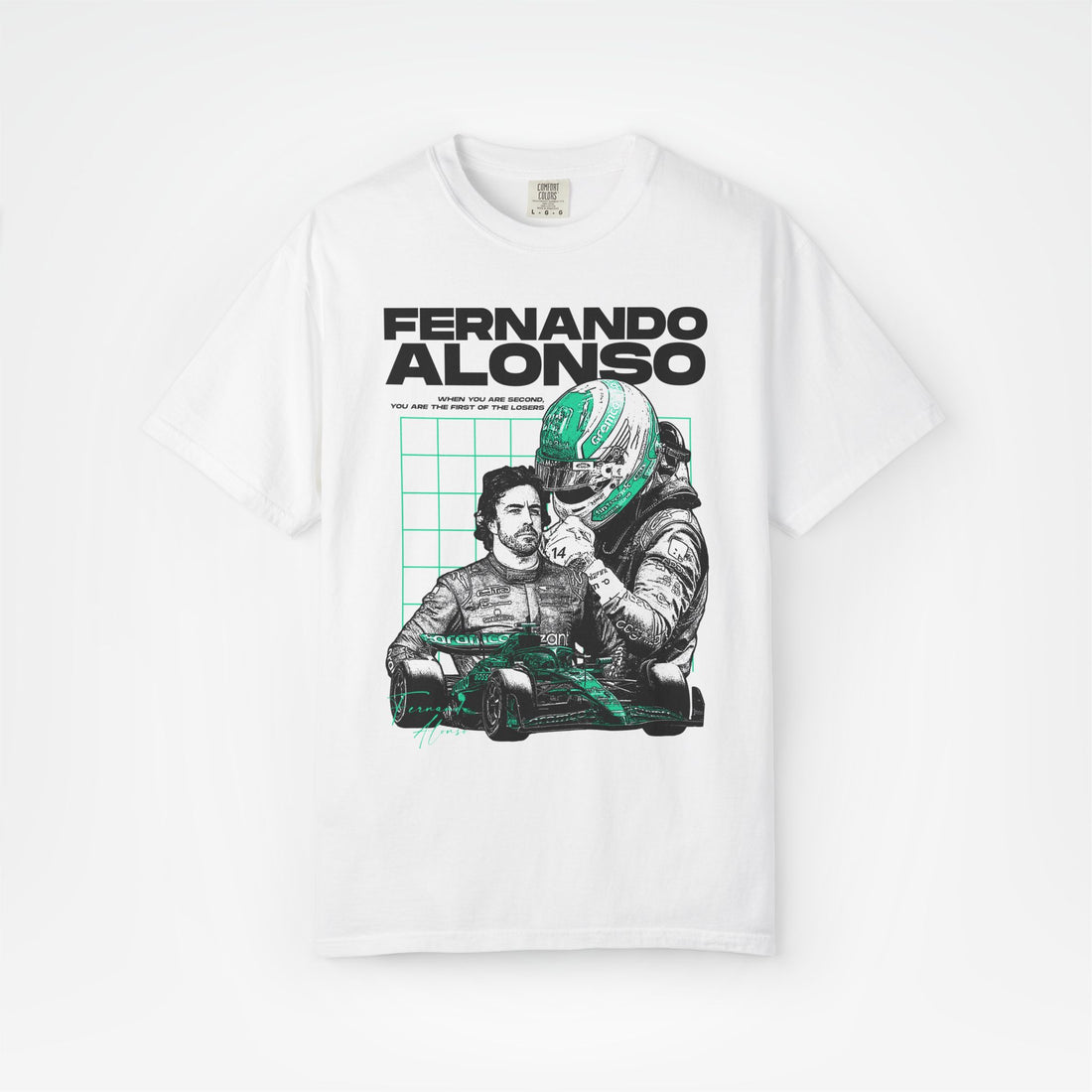 White Front - Fernando Alonso Aston Martin F1 T shirt graphic studio mockup