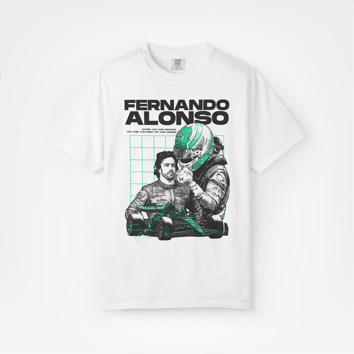 White Front - Fernando Alonso Aston Martin F1 T shirt graphic studio mockup