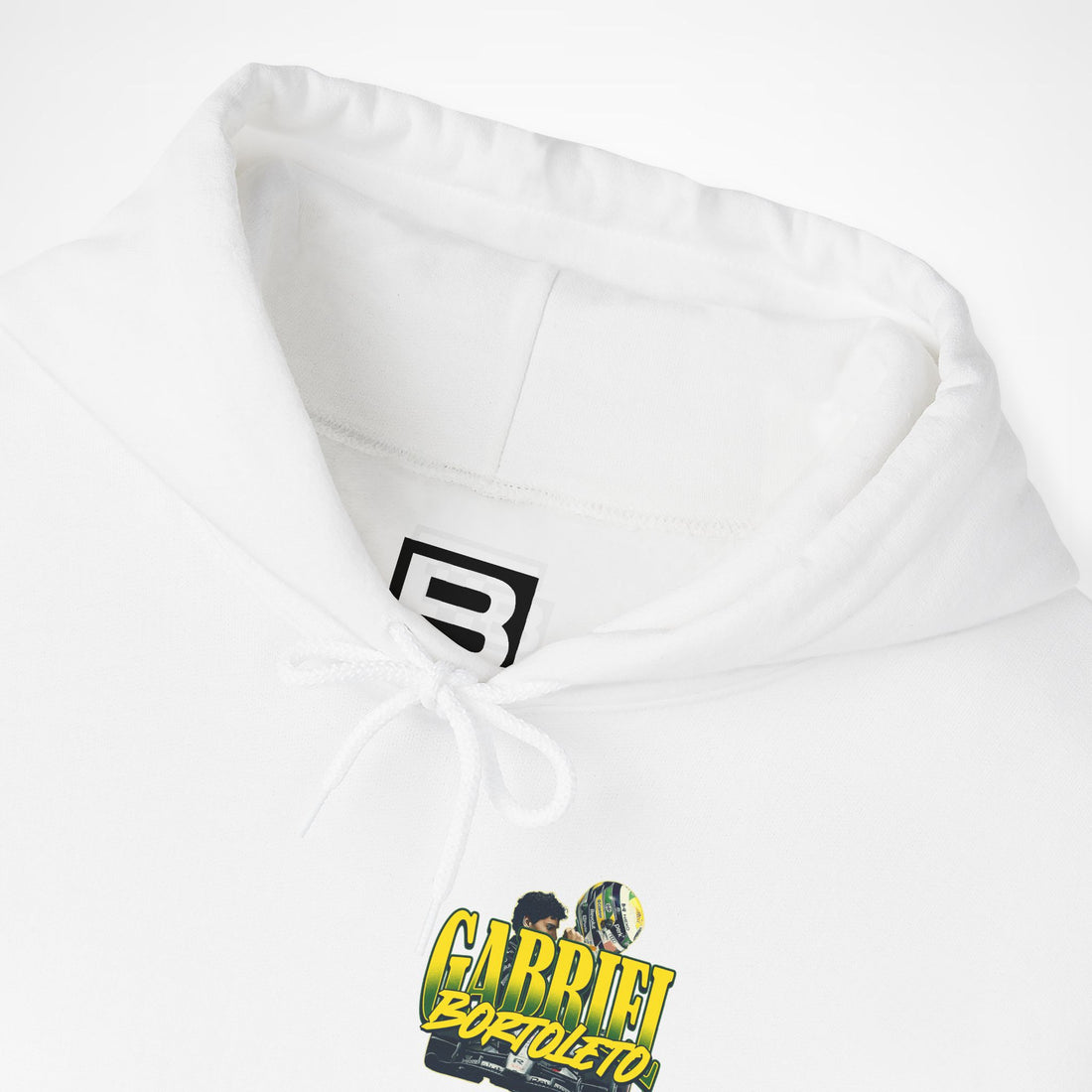 White Front 2 - Gabriel Bortoleto Audi F1 hoodie front detail studio mockup