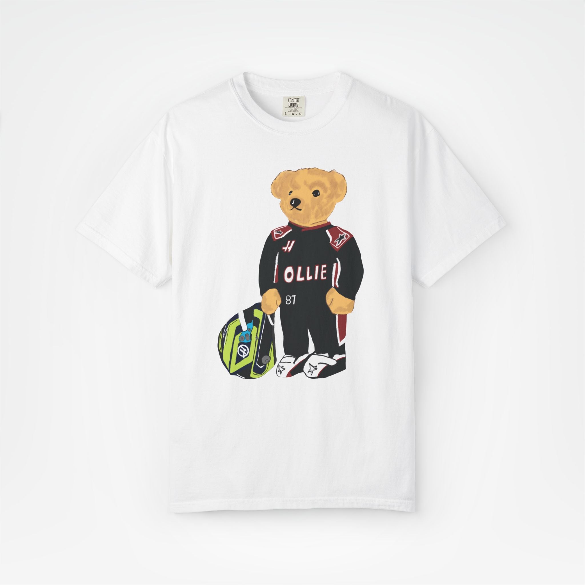 White Front - Ollie Bearman Haas teddy bear F1 T shirt graphic studio mockup