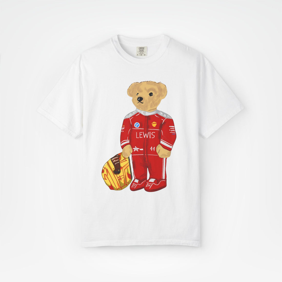 White Front - Lewis Hamilton Ferrari teddy bear F1 T shirt graphic studio mockup