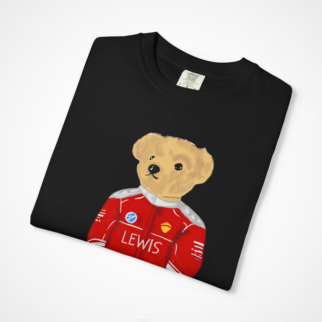 Black Front 2 - folded Lewis Hamilton Ferrari teddy bear F1 T shirt studio mockup