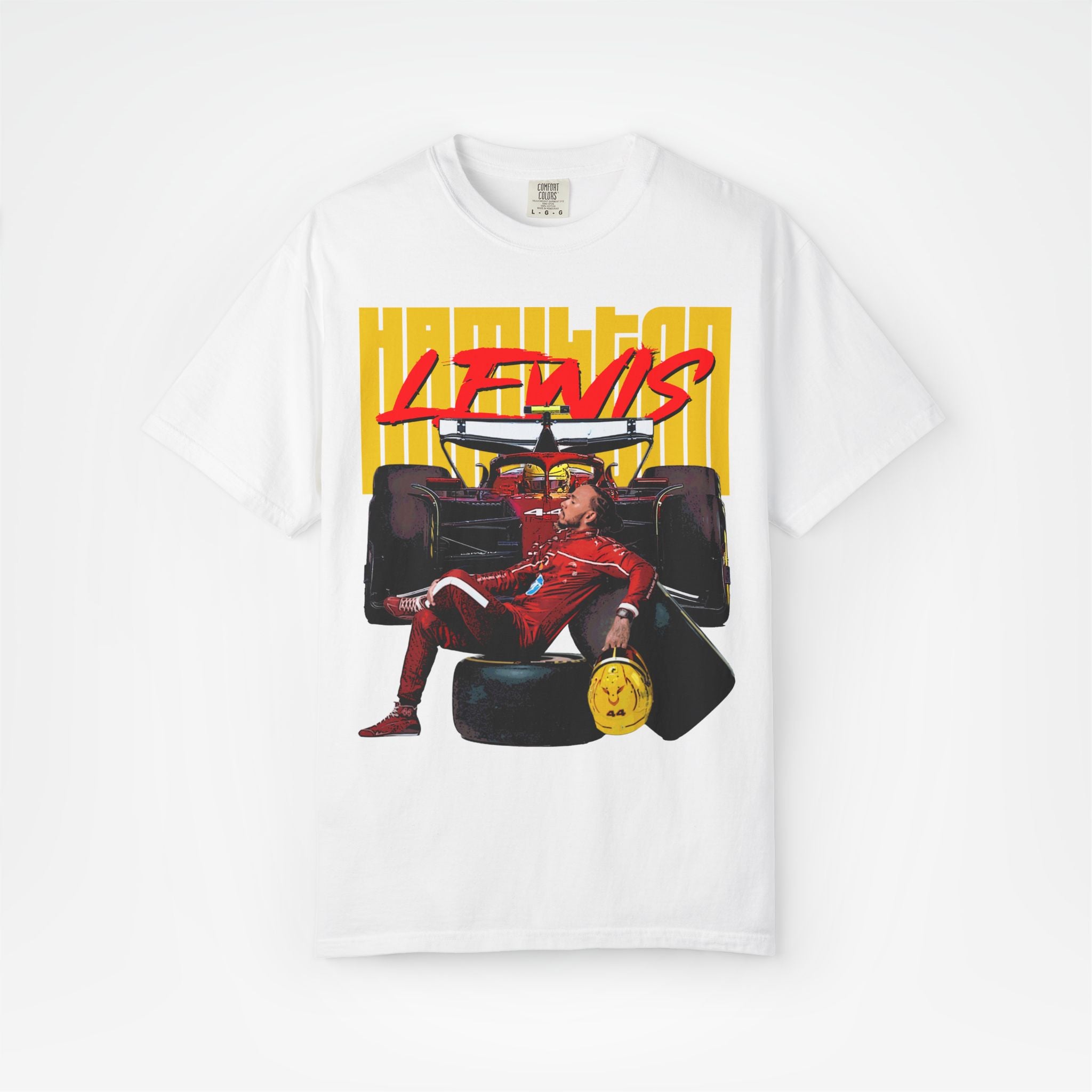 White Front - Lewis Hamilton Ferrari F1 T shirt graphic studio mockup