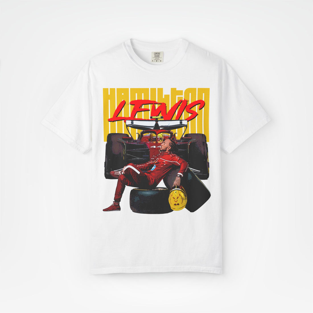 White Front - Lewis Hamilton Ferrari F1 T shirt graphic studio mockup