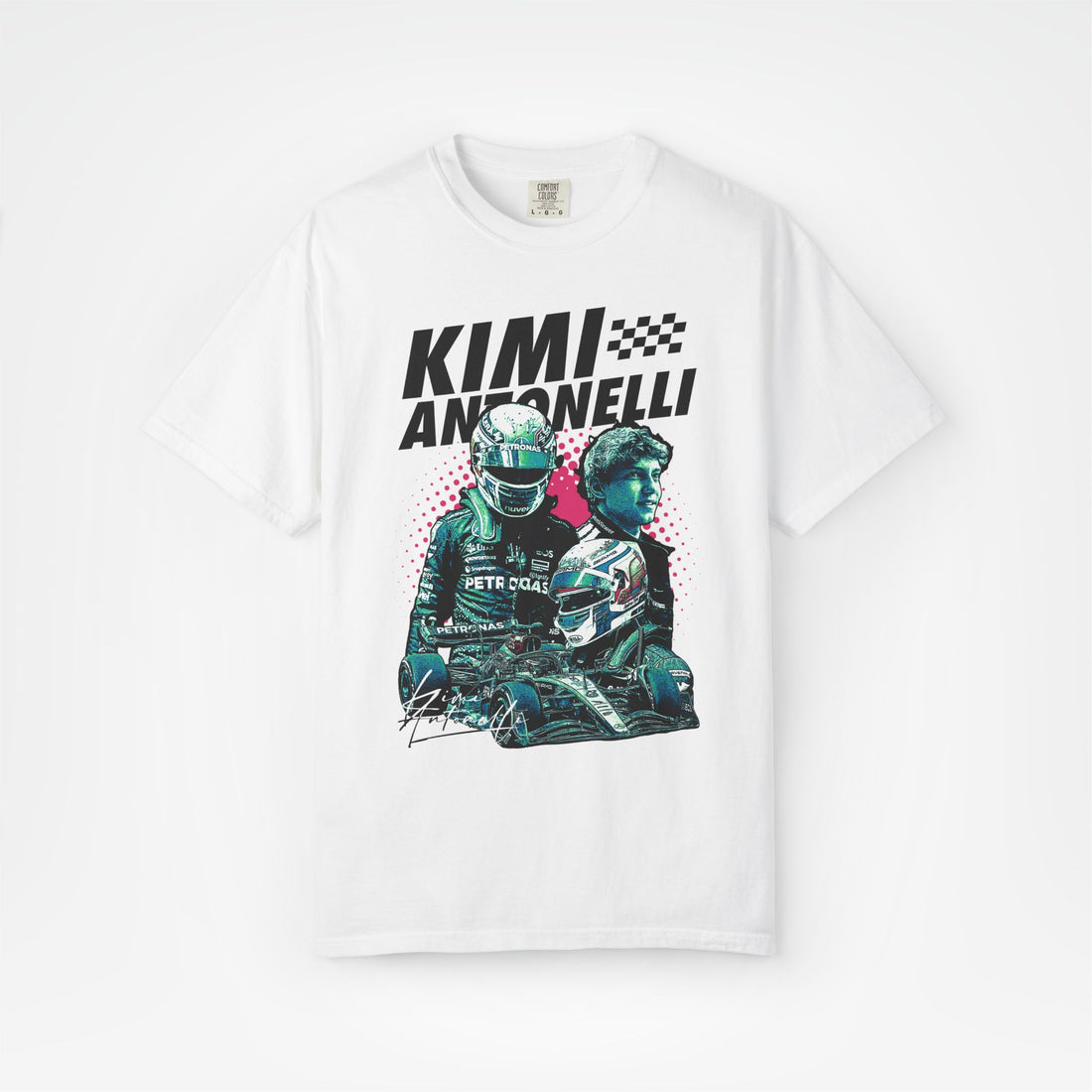 White Front - Kimi Antonelli Mercedes F1 T shirt graphic studio mockup