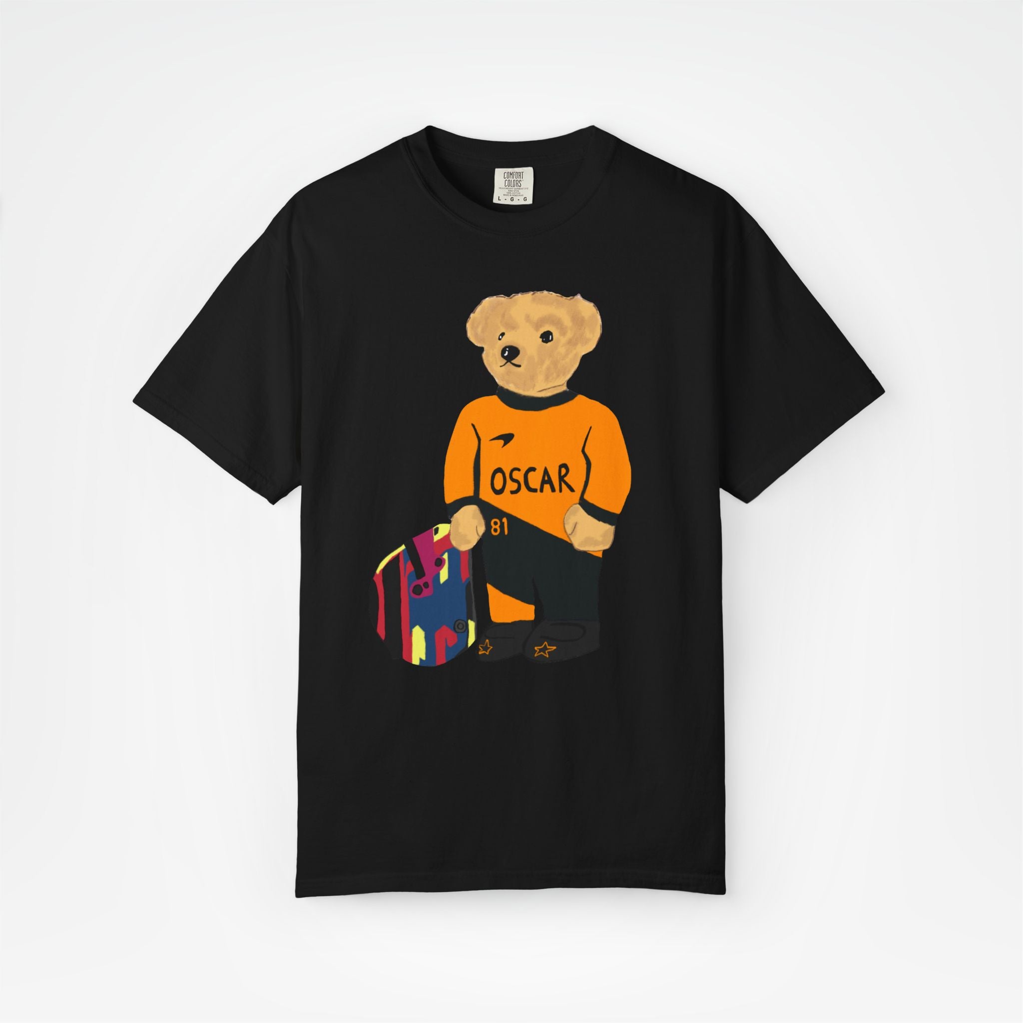 Black Front - Oscar Piastri McLaren teddy bear F1 T shirt graphic studio mockup