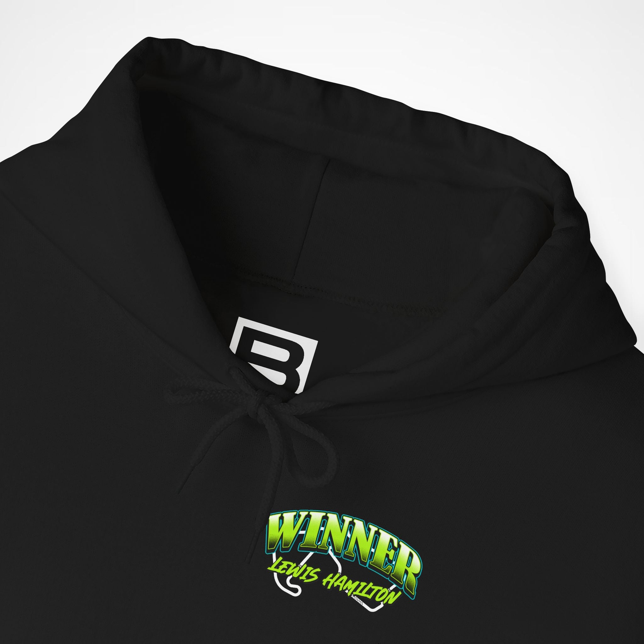 Black Front 2 - Lewis Hamilton Ferrari F1 hoodie front detail studio mockup