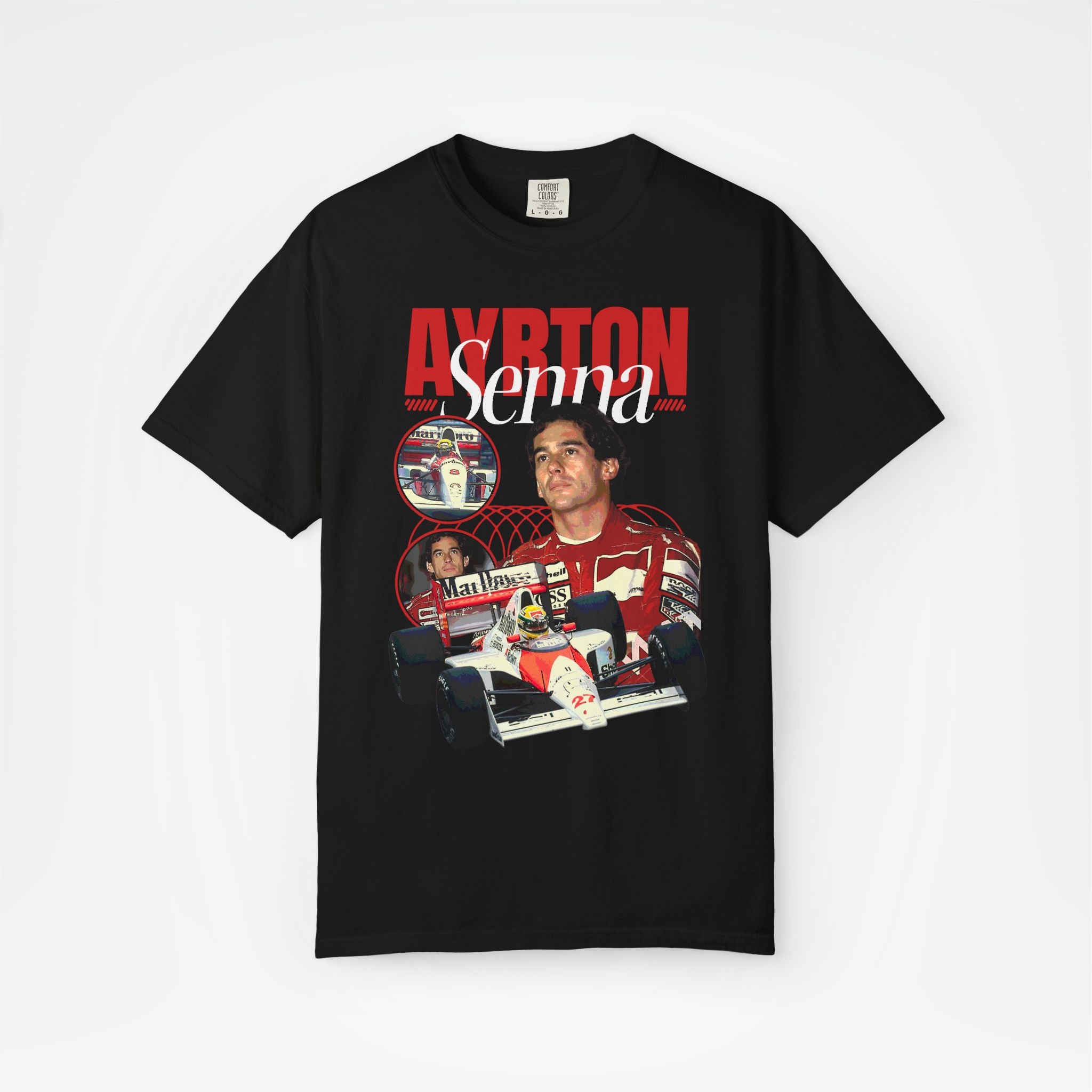 Black Front - Ayrton Senna McLaren F1 T shirt graphic studio mockup