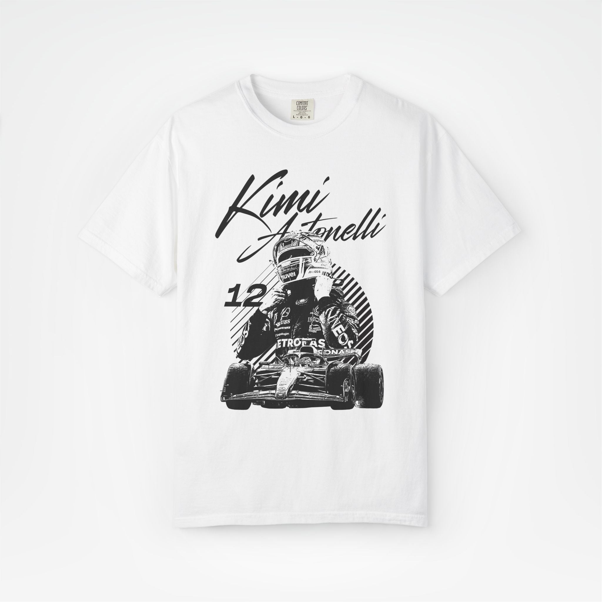 White Front - Kimi Antonelli Mercedes F1 T shirt graphic studio mockup