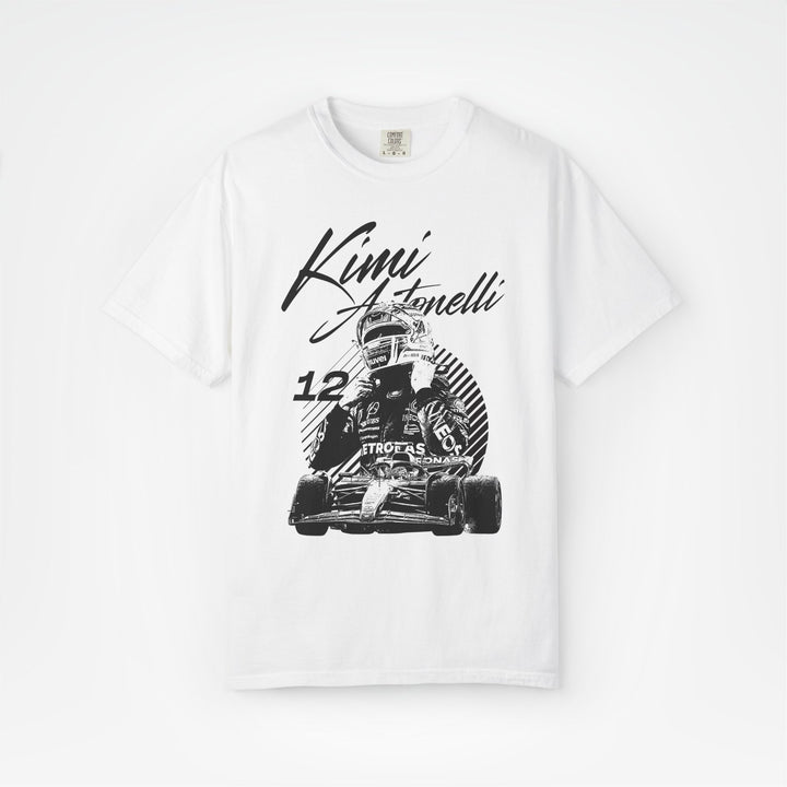 White Front - Kimi Antonelli Mercedes F1 T shirt graphic studio mockup