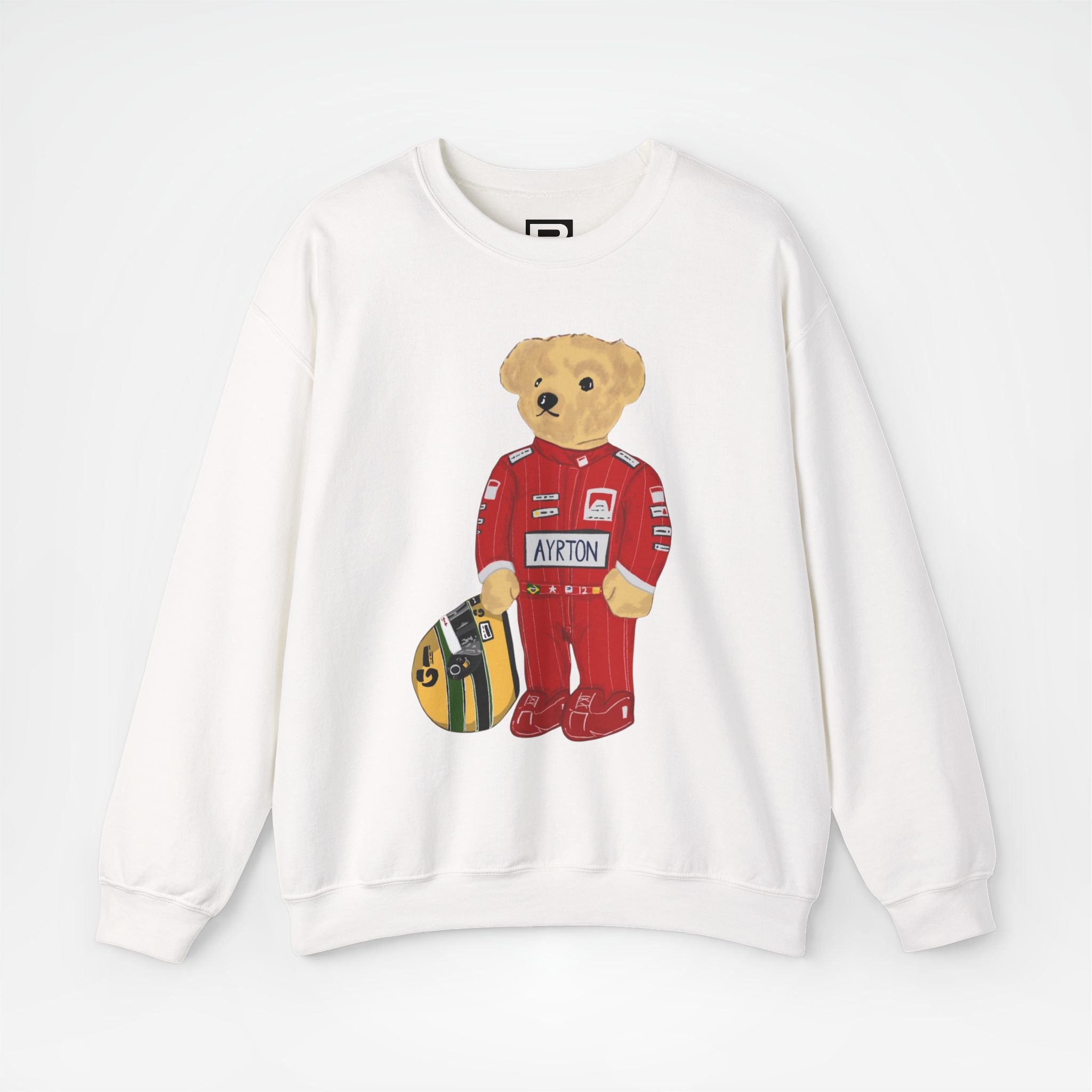 White Front - Ayrton Senna McLaren teddy bear F1 sweater graphic studio mockup