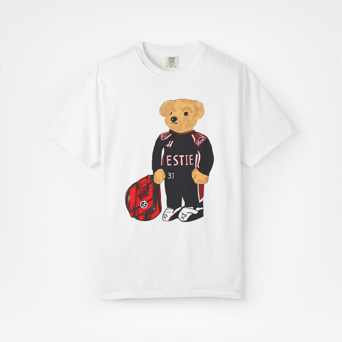 White Front - Esteban Ocon Haas teddy bear F1 T shirt graphic studio mockup