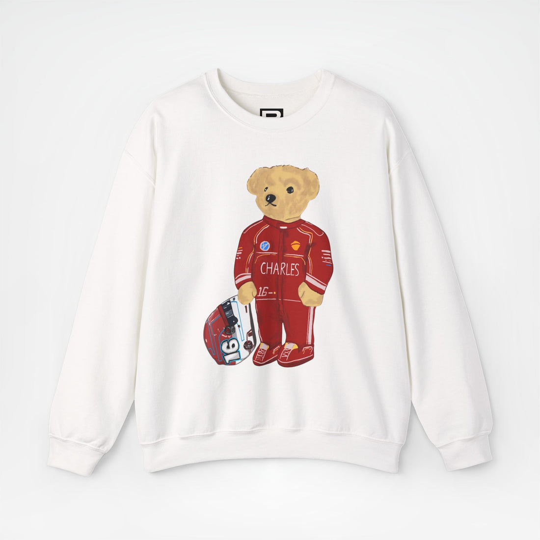 White Front - Charles Leclerc Ferrari teddy bear F1 sweater graphic studio mockup