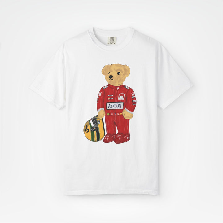 White Front - Ayrton Senna teddy bear Ferrari F1 T shirt graphic studio mockup