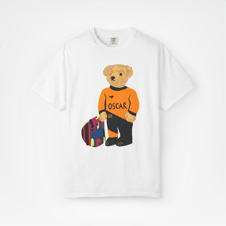 White Front - Oscar Piastri McLaren teddy bear F1 T shirt graphic studio mockup