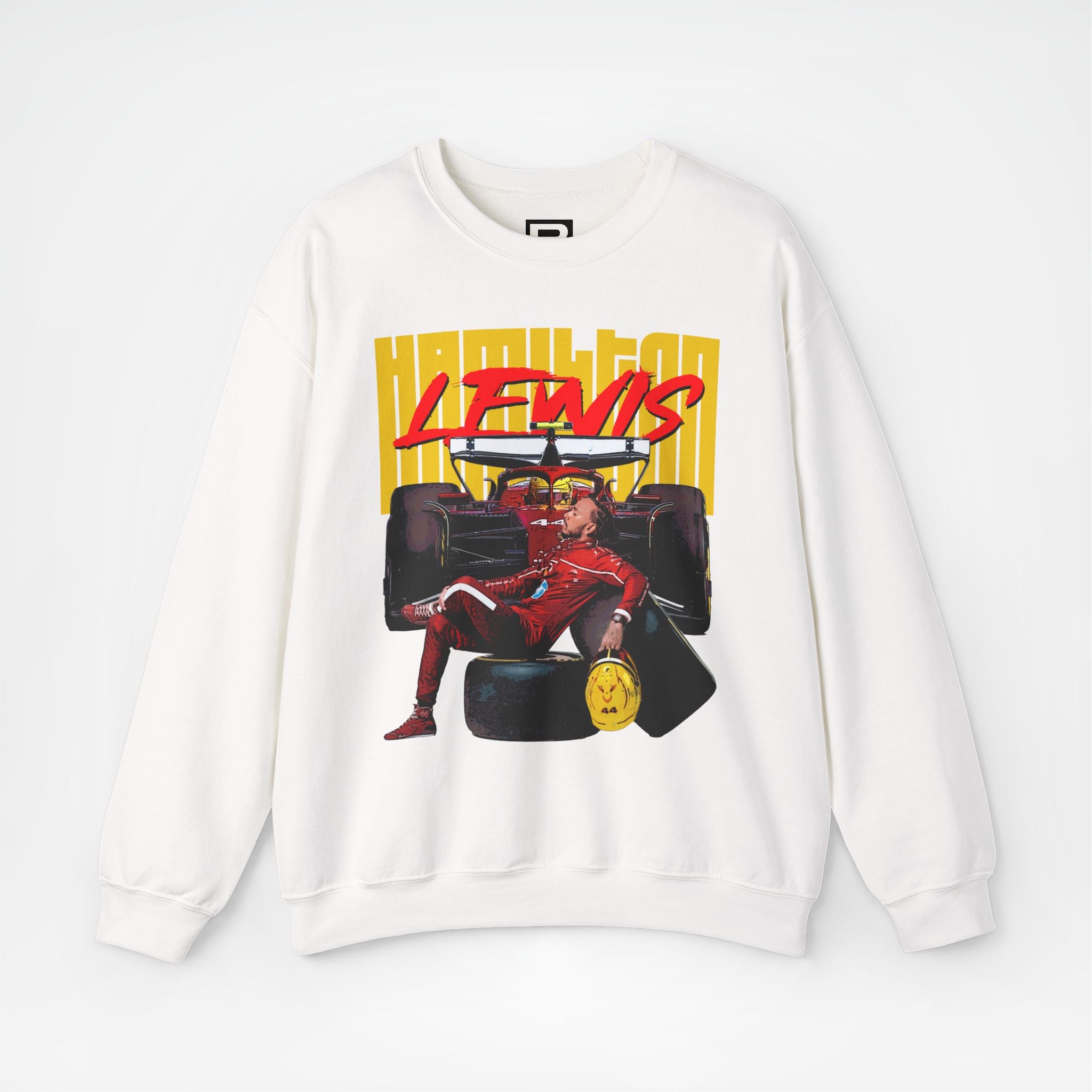 White Front - Lewis Hamilton Ferrari F1 sweater graphic studio mockup