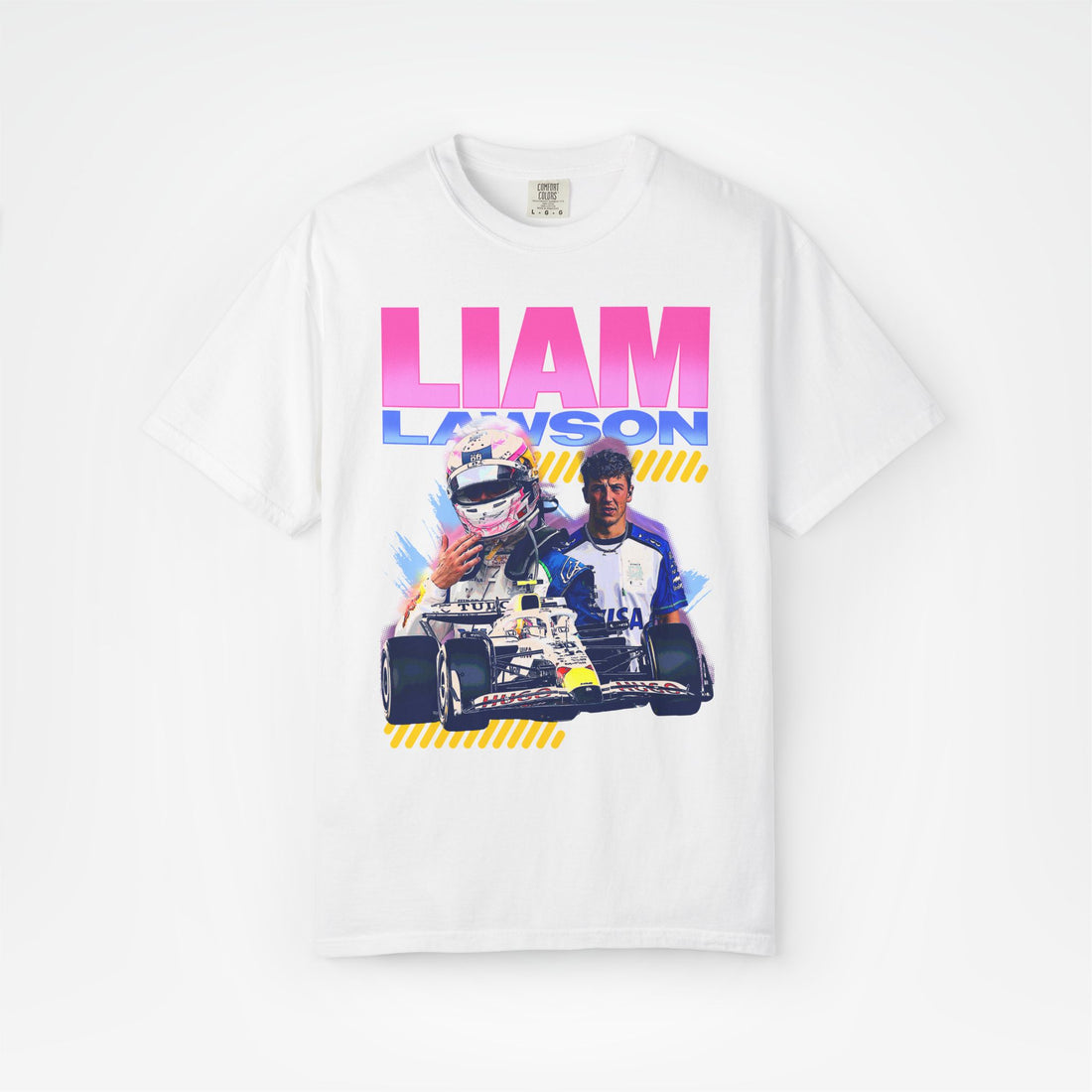White Front - Liam Lawson Racing Bulls F1 T shirt graphic studio mockup