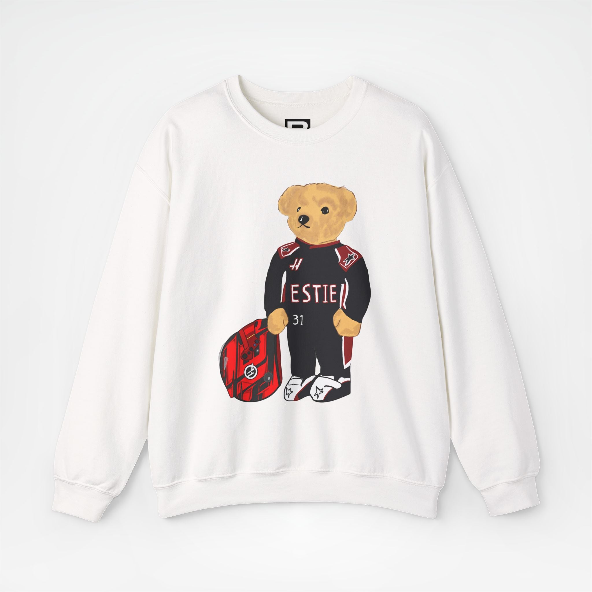 White Front - Esteban Ocon Haas teddy bear F1 sweater graphic studio mockup