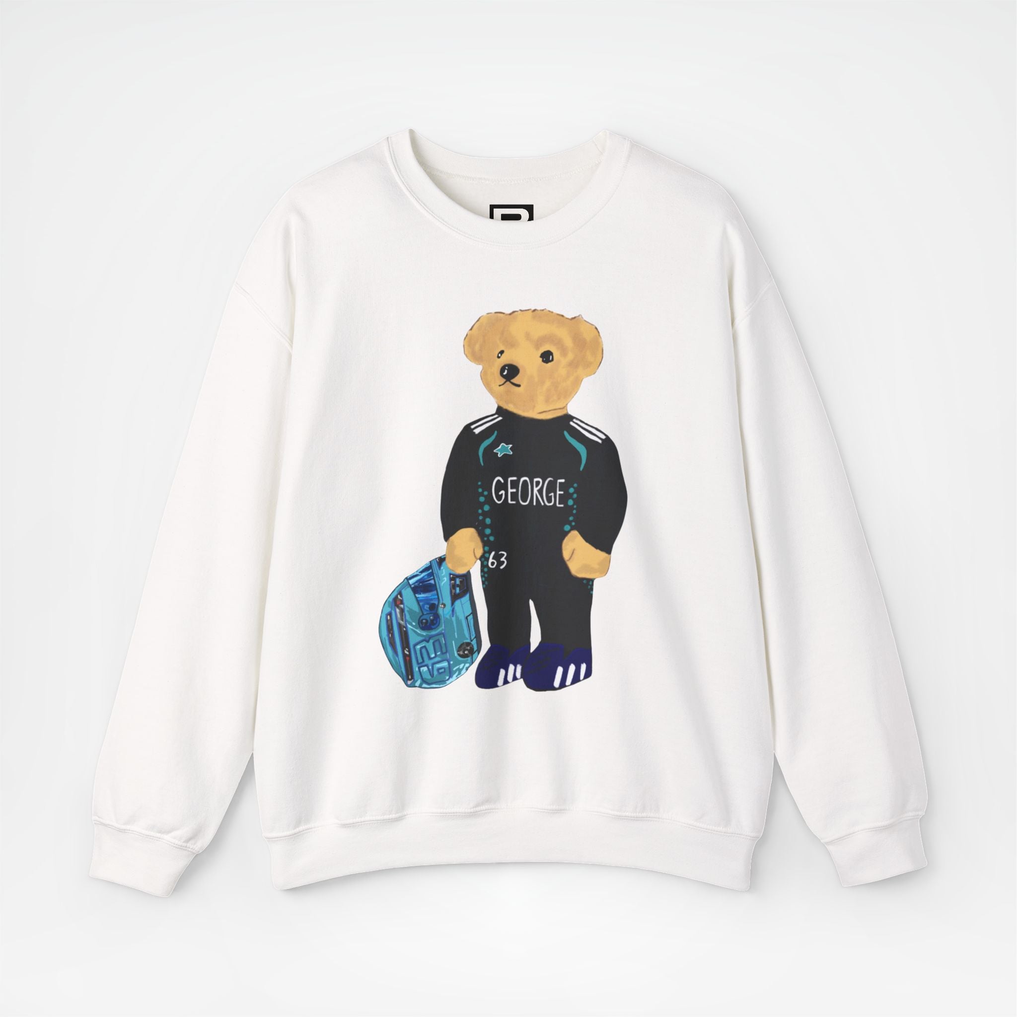 White Front - George Russell Mercedes teddy bear F1 sweater graphic studio mockup