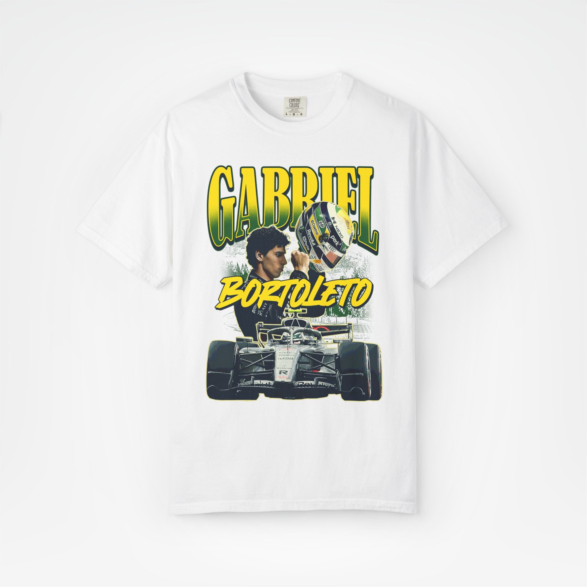 White Front - Gabriel Bortoleto Audi F1 T shirt graphic studio mockup