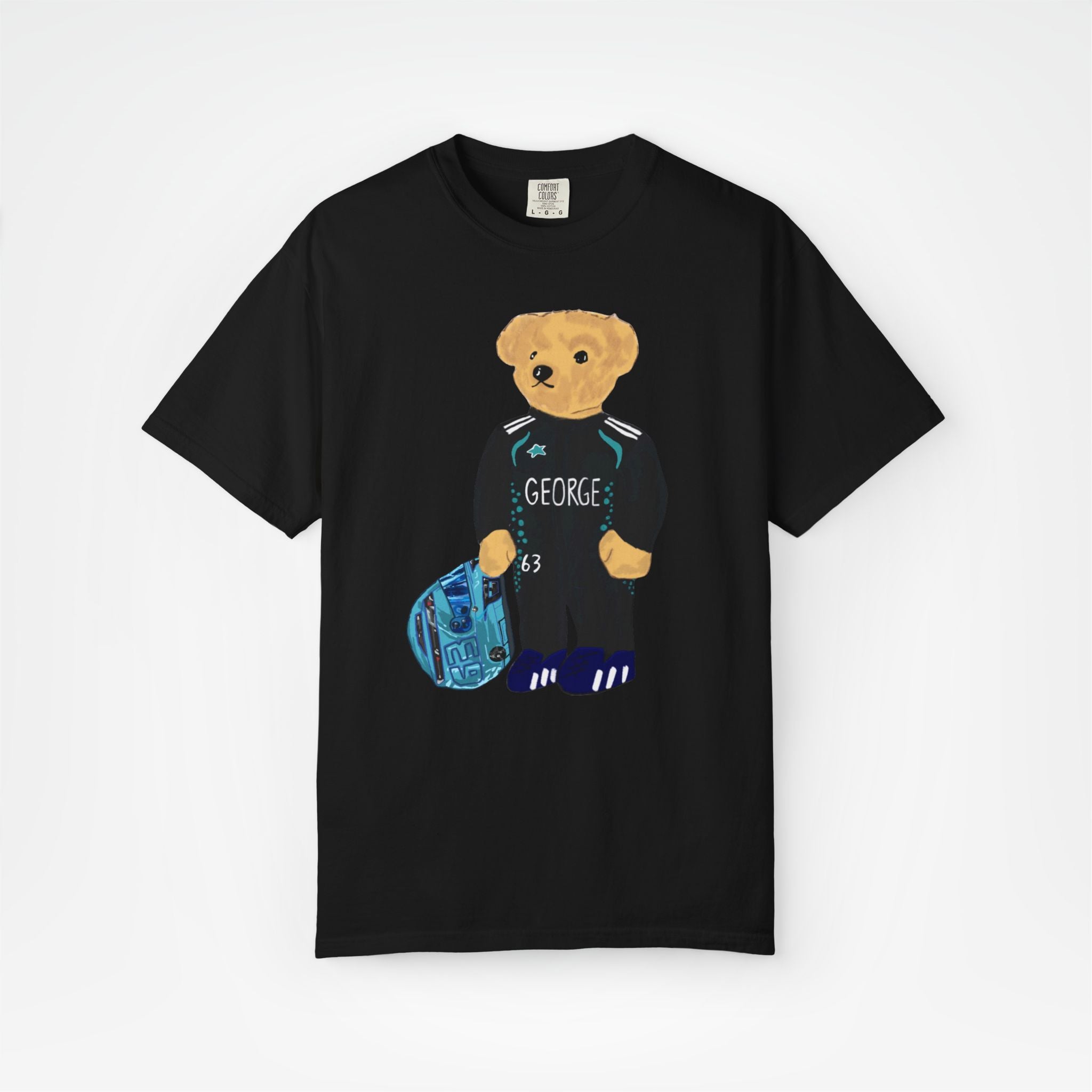 Black Front - George Russell Mercedes teddy bear F1 T shirt graphic studio mockup