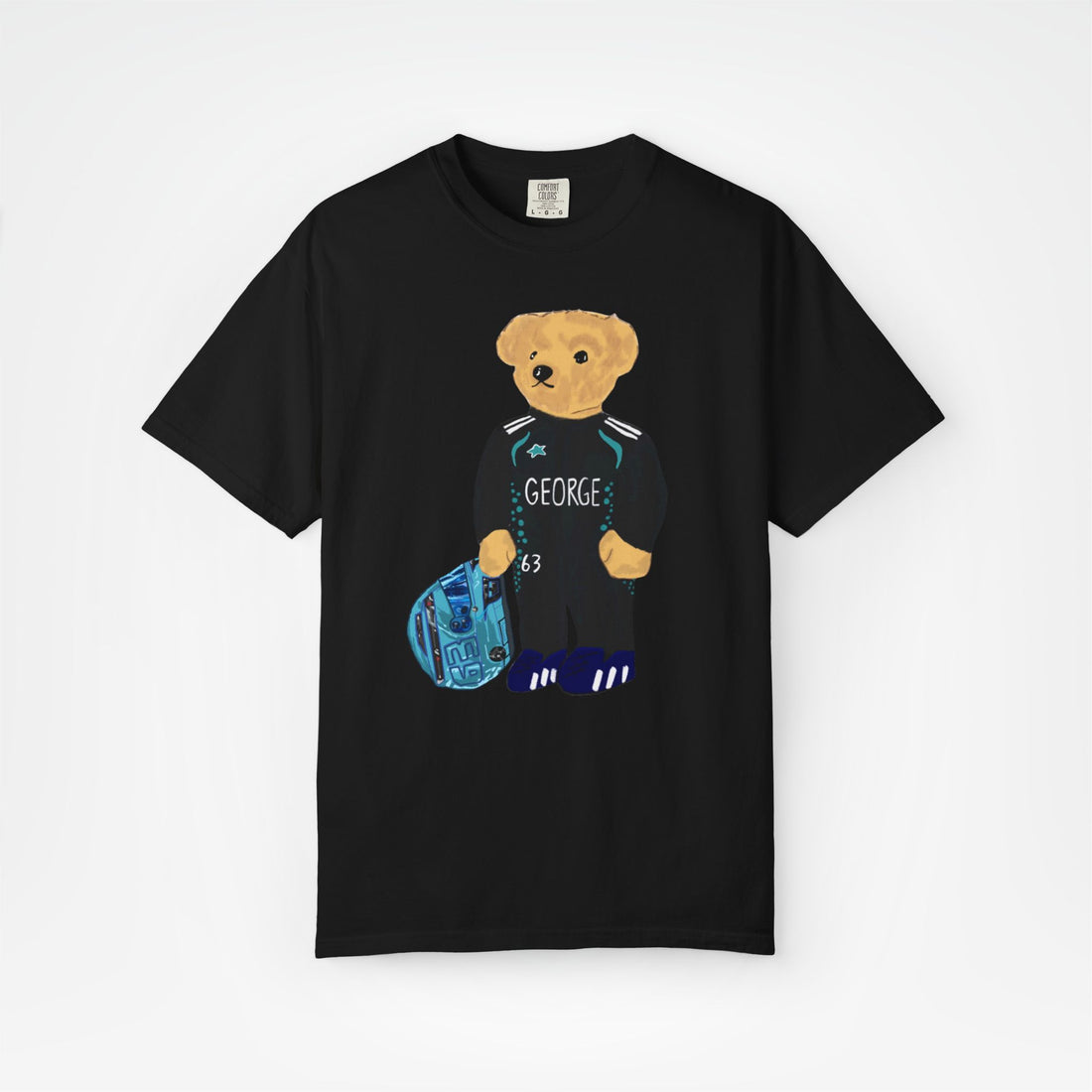 Black Front - George Russell Mercedes teddy bear F1 T shirt graphic studio mockup
