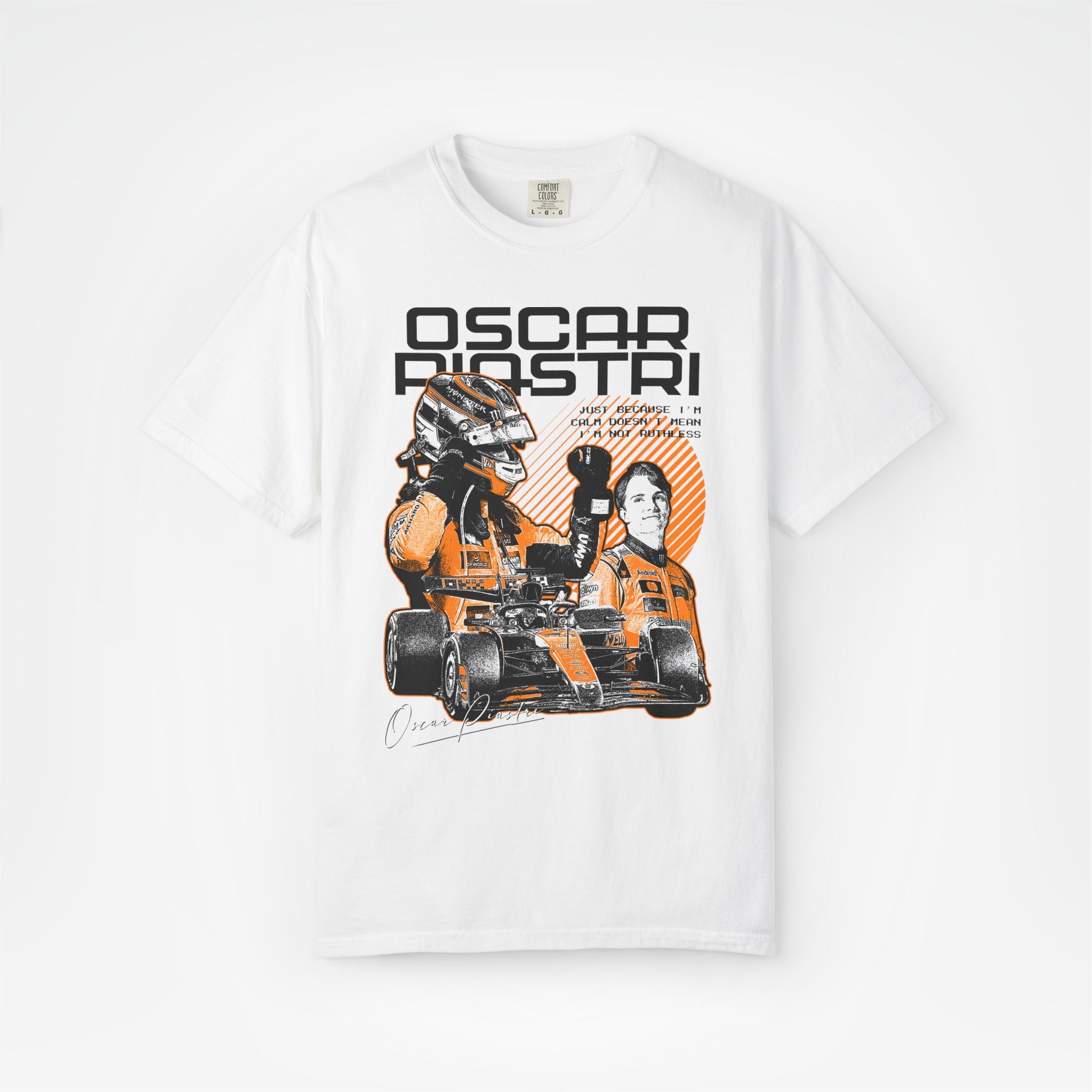 White Front - Oscar Piastri McLaren F1 T shirt graphic studio mockup