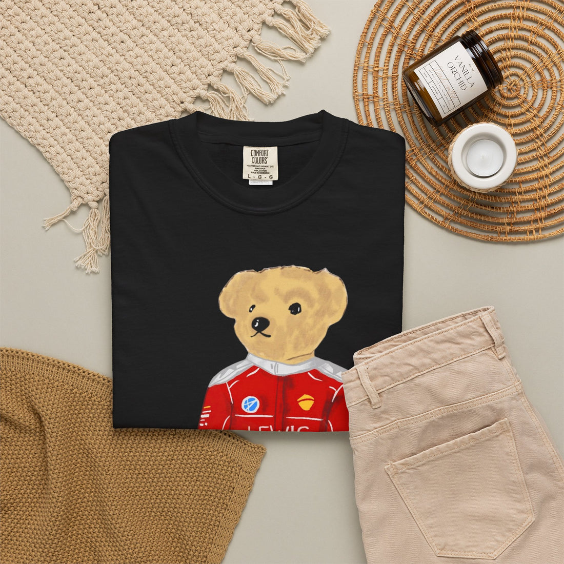 Black Front 3 - Lewis Hamilton Ferrari teddy bear F1 T shirt lifestyle flat lay