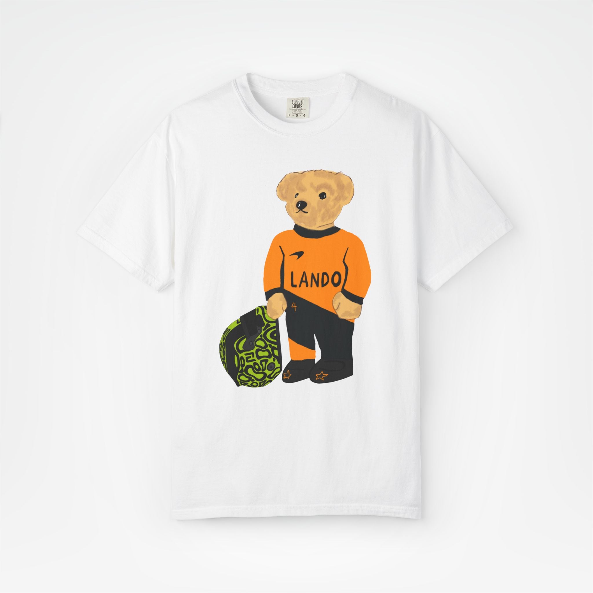 White Front - Lando Norris McLaren teddy bear F1 T shirt graphic studio mockup