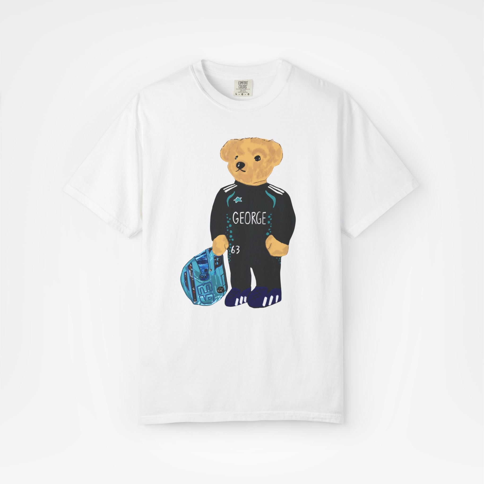 White Front - George Russell Mercedes teddy bear F1 T shirt graphic studio mockup