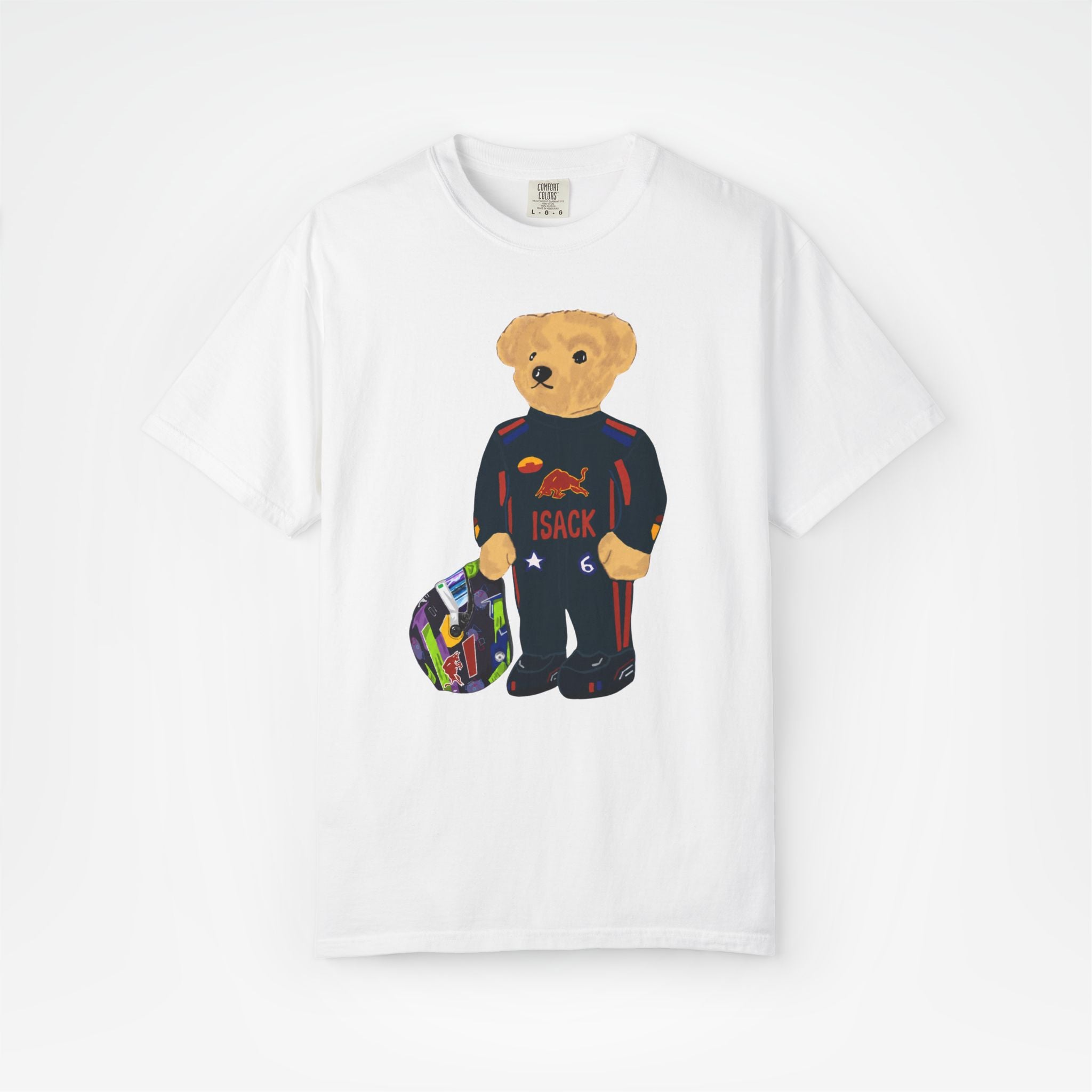 White Front - Isack Hadjar Red Bull teddy bear F1 T shirt graphic studio mockup
