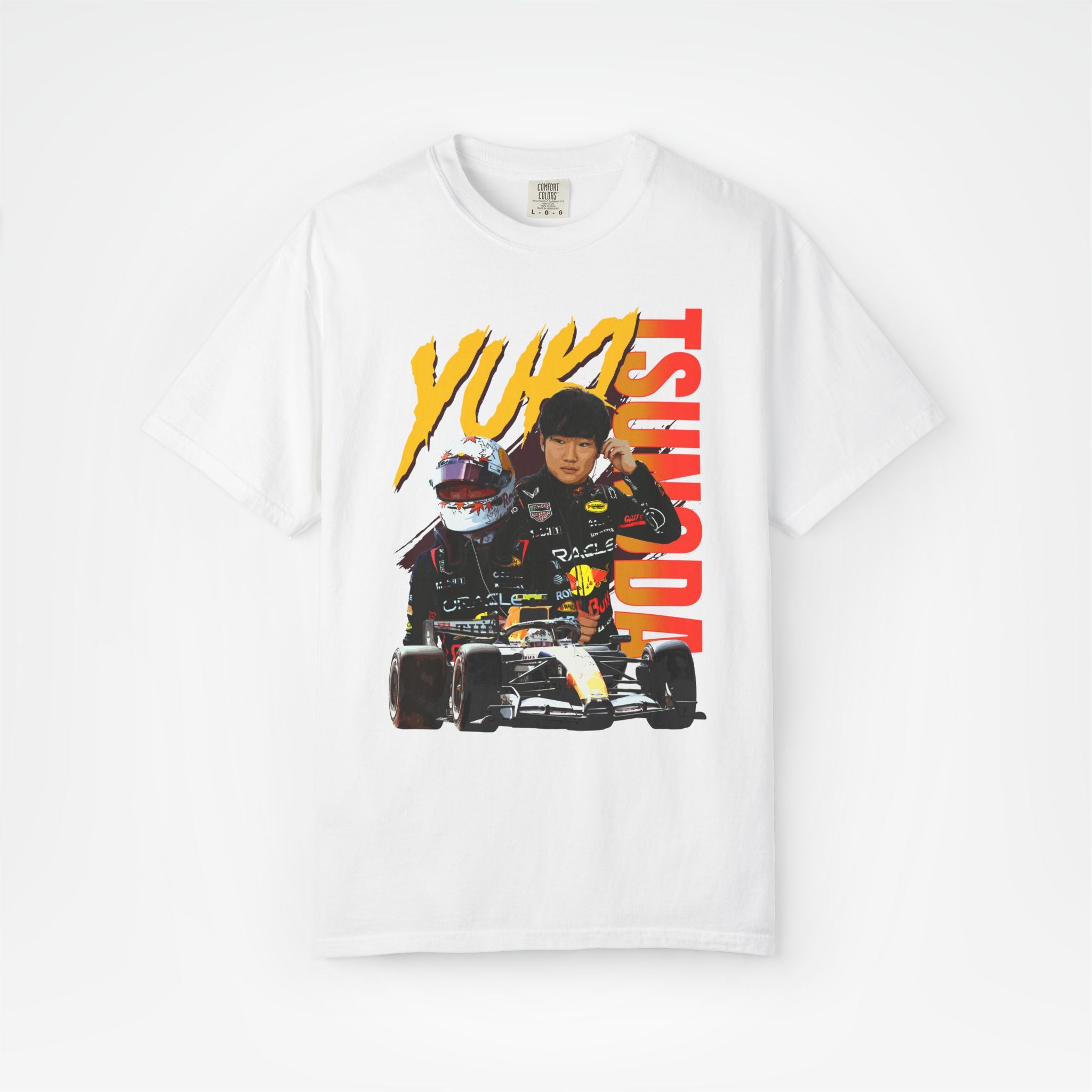 White Front - Yuki Tsunoda Red Bull F1 T shirt graphic studio mockup