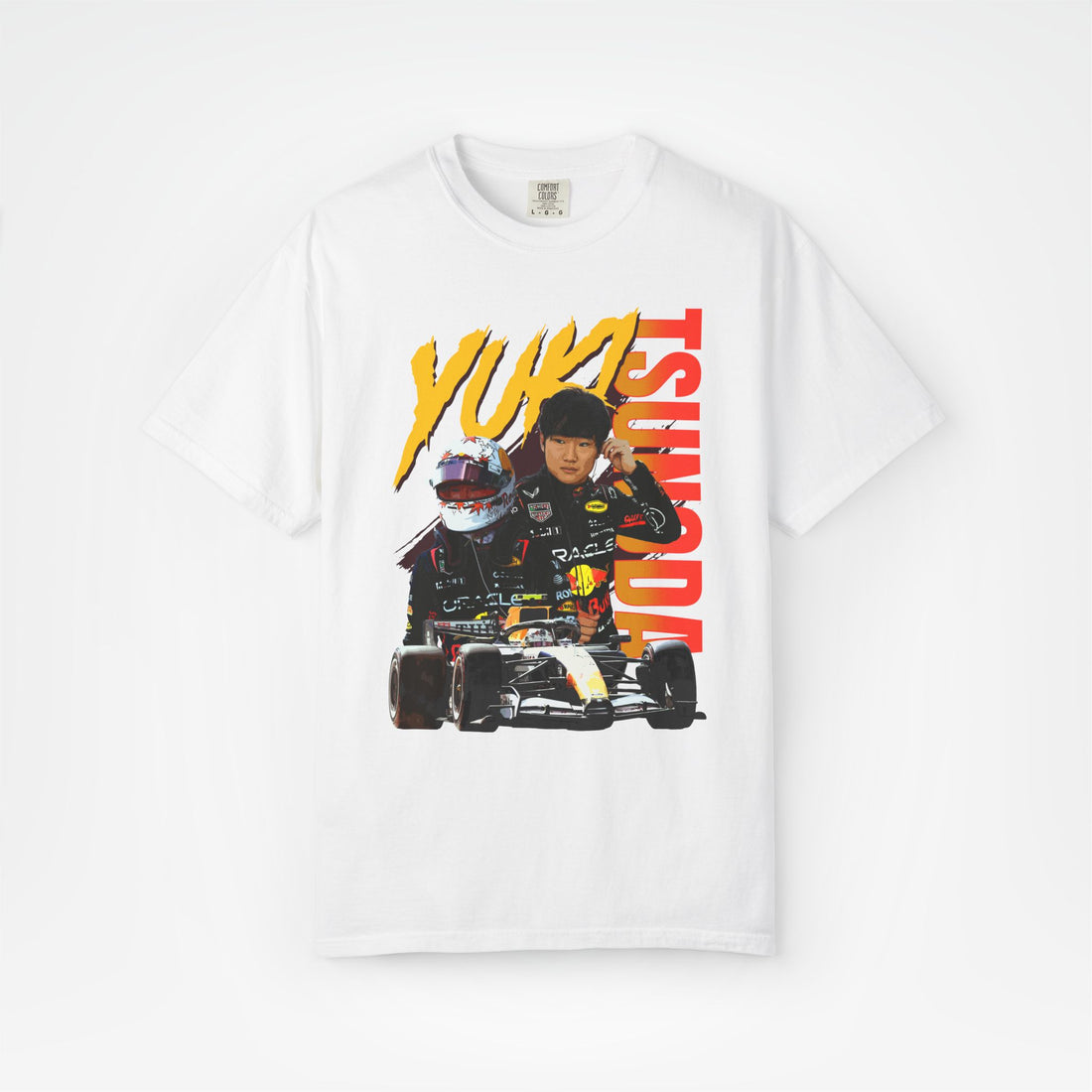 White Front - Yuki Tsunoda Red Bull F1 T shirt graphic studio mockup